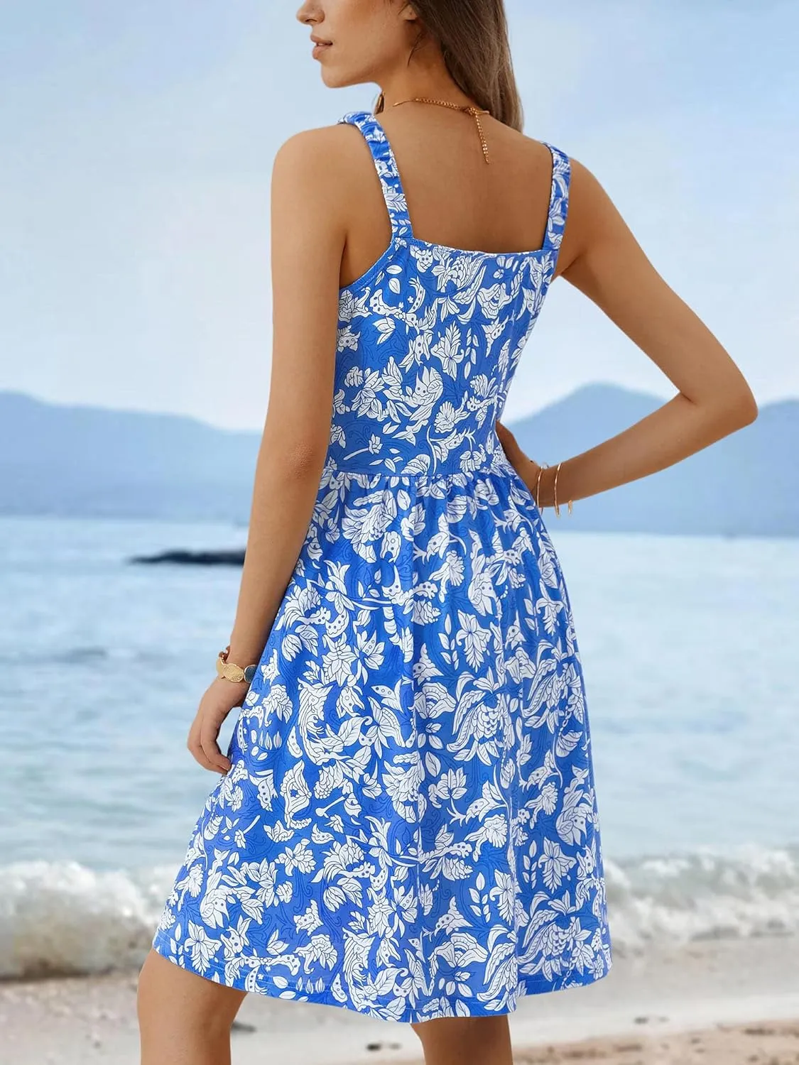 MSBASIC Womens Summer Dresses 2025 Sleeveless V Neck Mini Elastic Wide Strap Beach Vacation Sun Dress