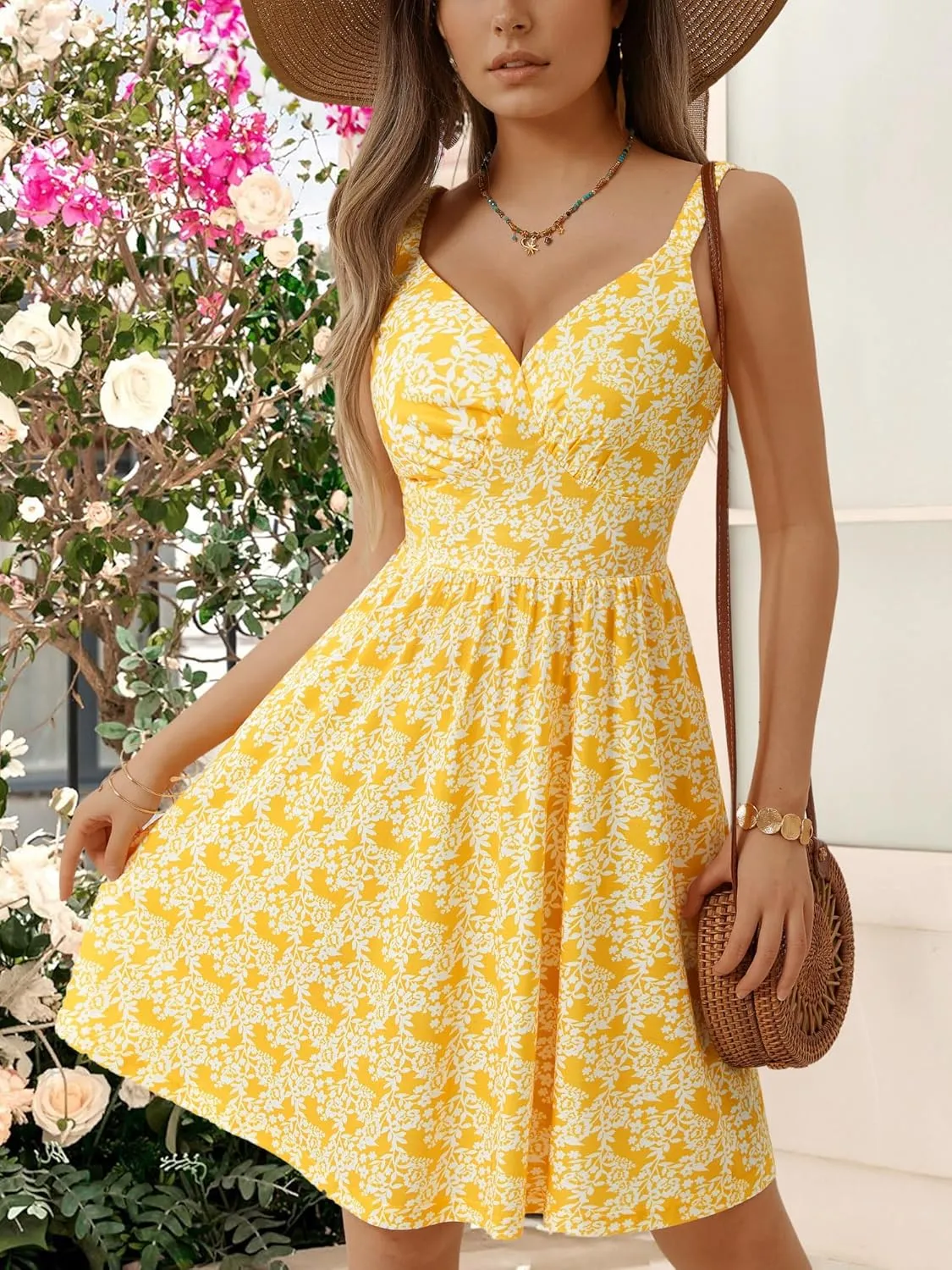 MSBASIC Womens Summer Dresses 2025 Sleeveless V Neck Mini Elastic Wide Strap Beach Vacation Sun Dress