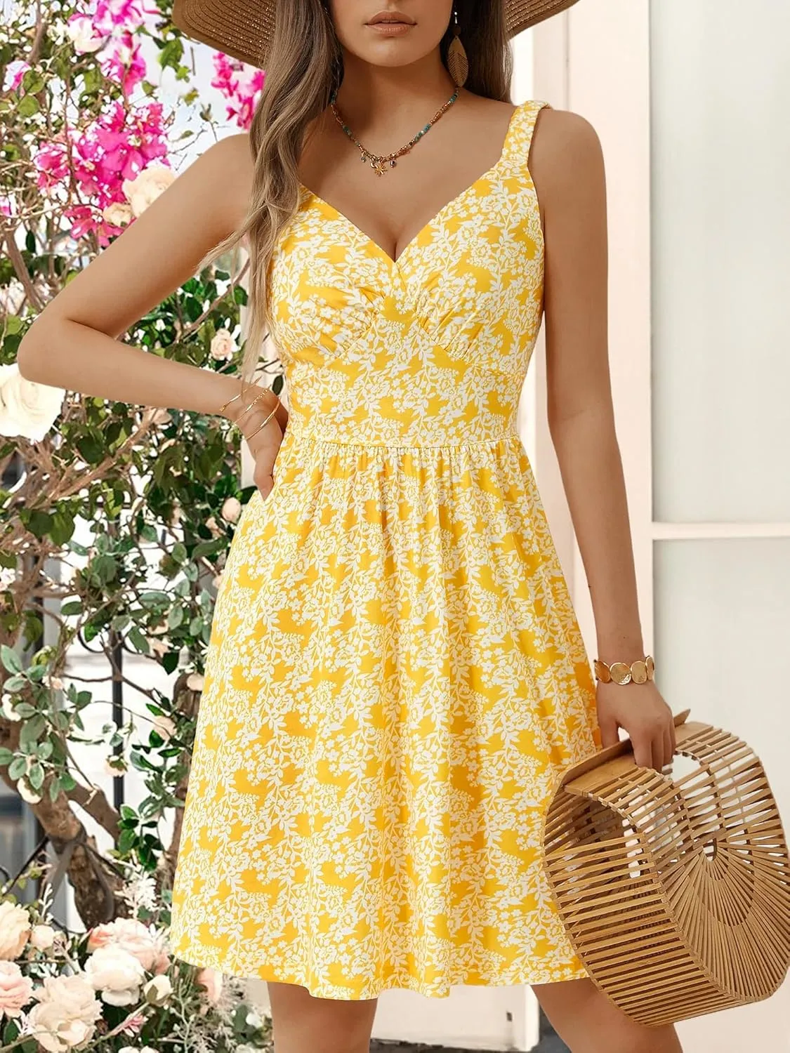 MSBASIC Womens Summer Dresses 2025 Sleeveless V Neck Mini Elastic Wide Strap Beach Vacation Sun Dress