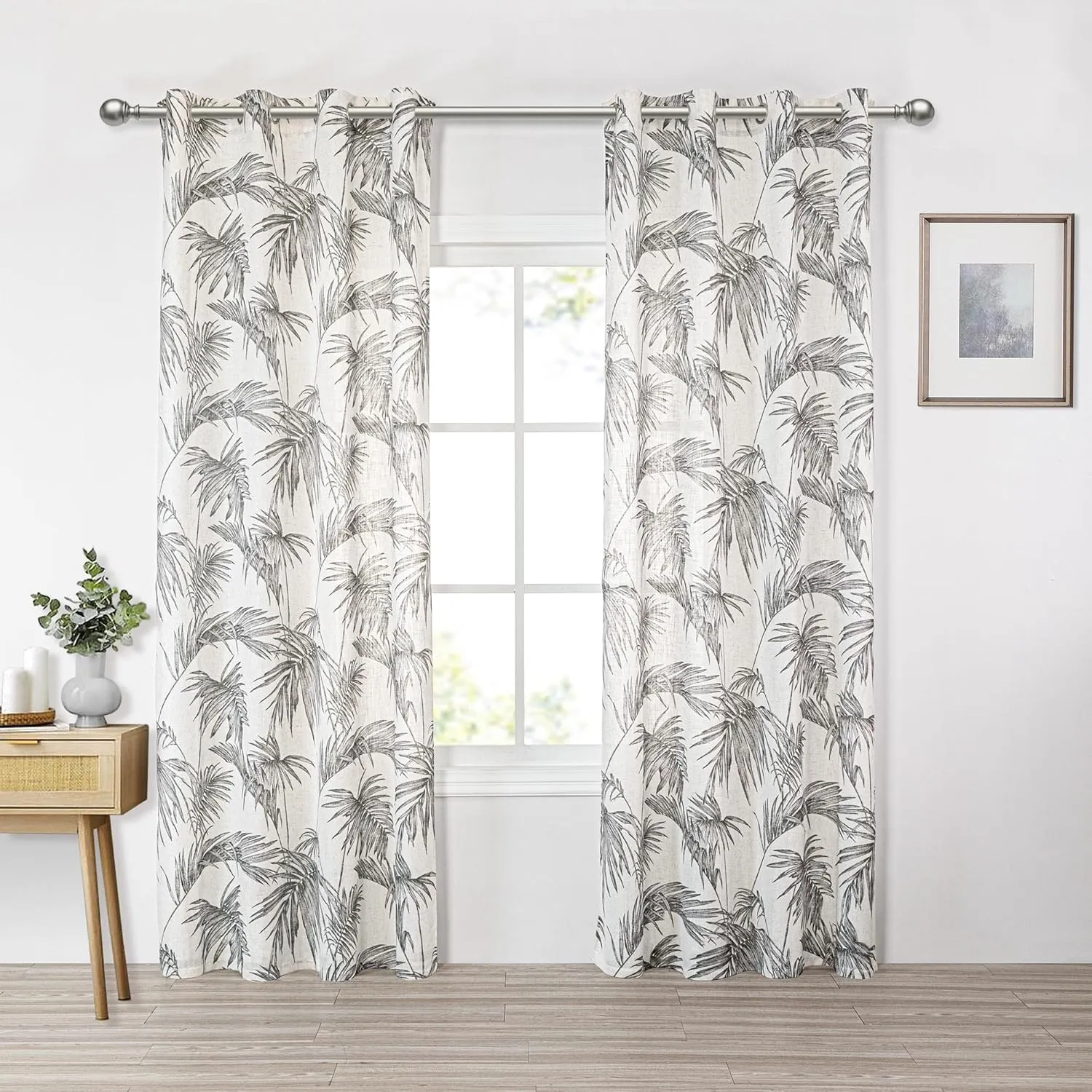 MYSKY HOME Linen Curtains for Living Room Semi Sheer 84 inches Length Light Filtering Privacy Protect Drapes Set Natural Texture Soft Touch Leaves Plant Pattern Treatment, 52" Wide, Brown, 2 Panels