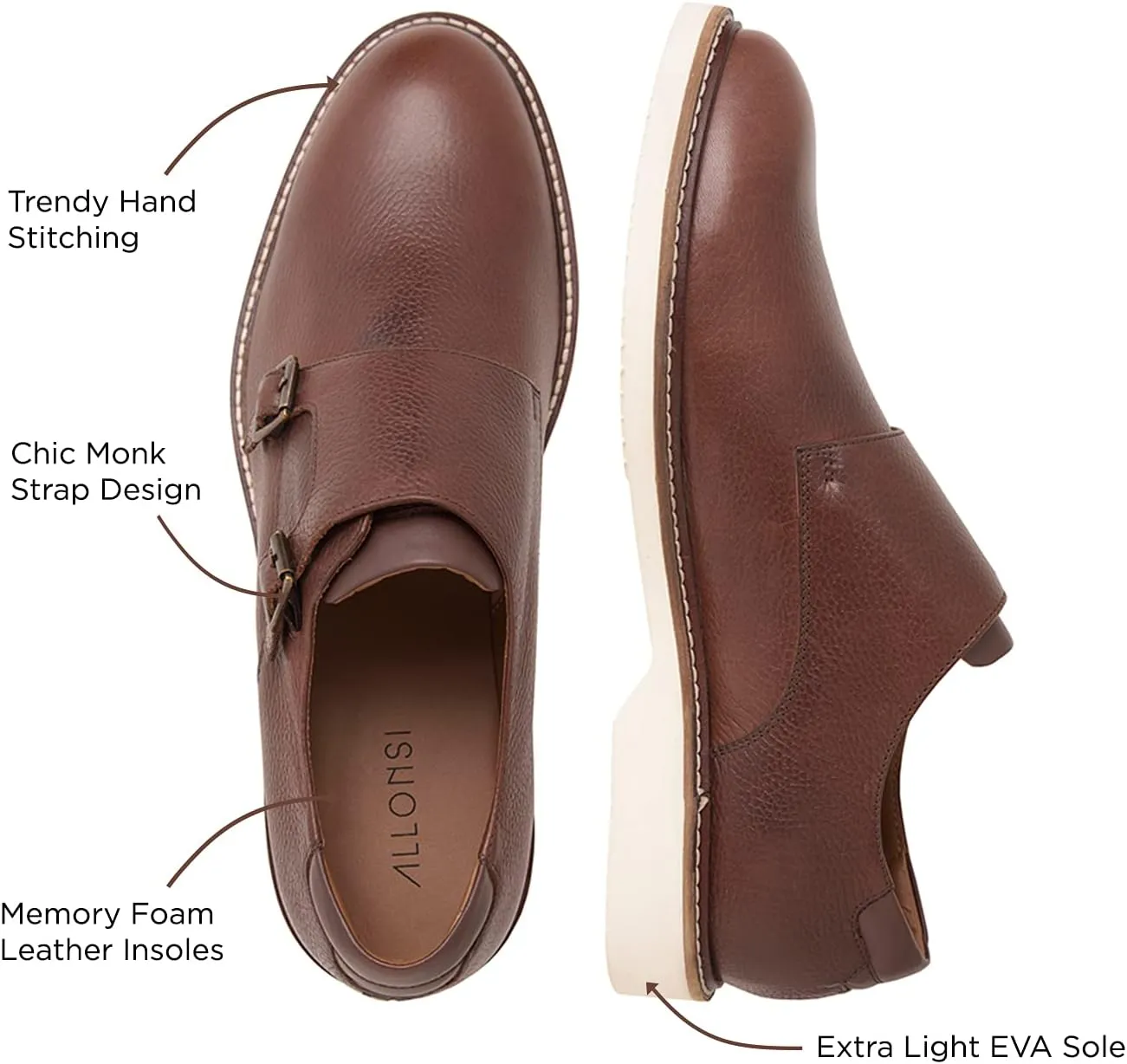 Neil | Genuine Leather Suede Dress Shoes | Luxury Mens Monk Strap Shoes | Handcrafted Trendy Casual Shoes | Lightweight EVA Sole | Plain Toe