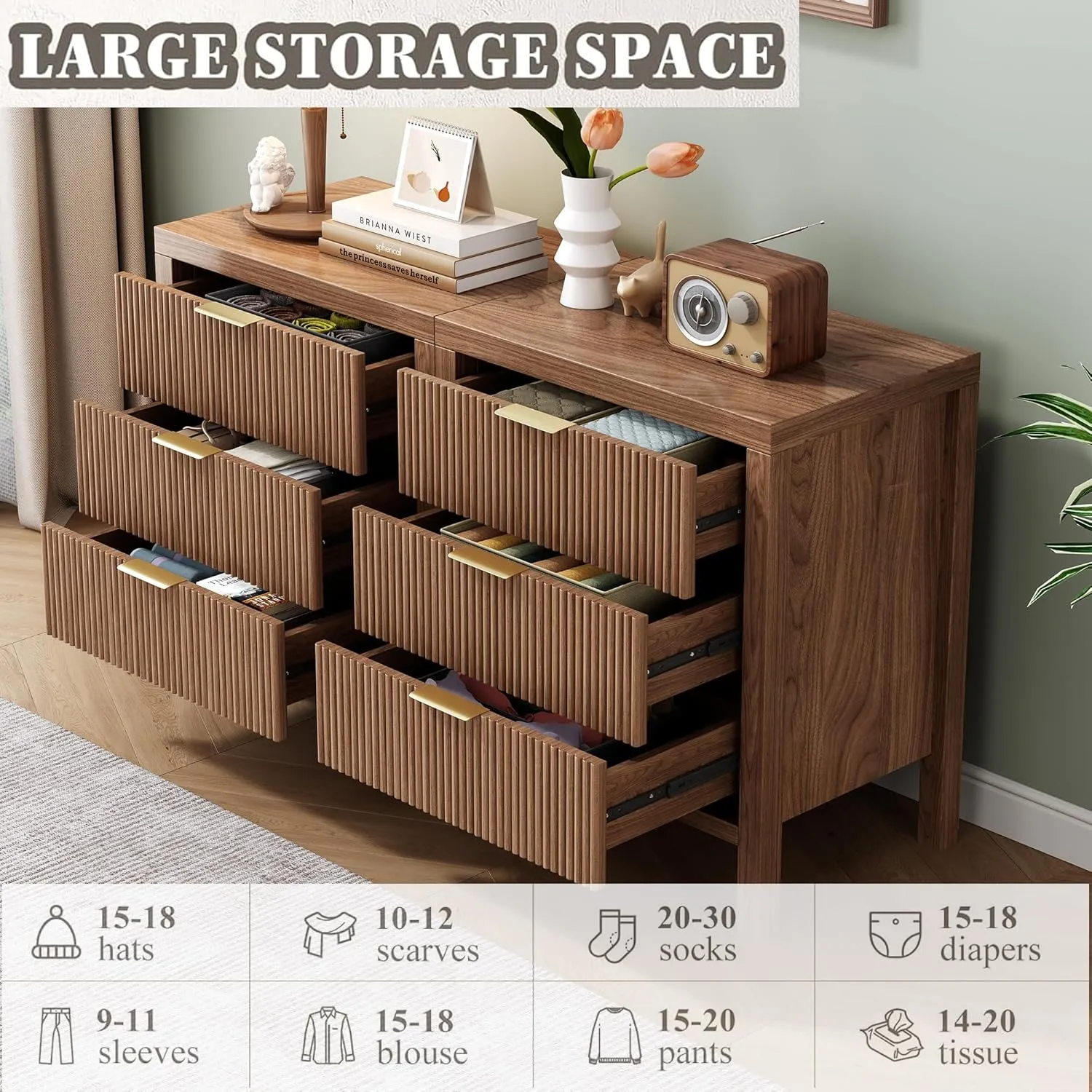 Nightstand with 6 Drawers, Dresser and Nightstand Sets, Bedside Tables, Mid Century Nightstands with 6 Wide Drawers for Bedroom, Kids’ Room, Hallway, （Walnut X 2pcs）
