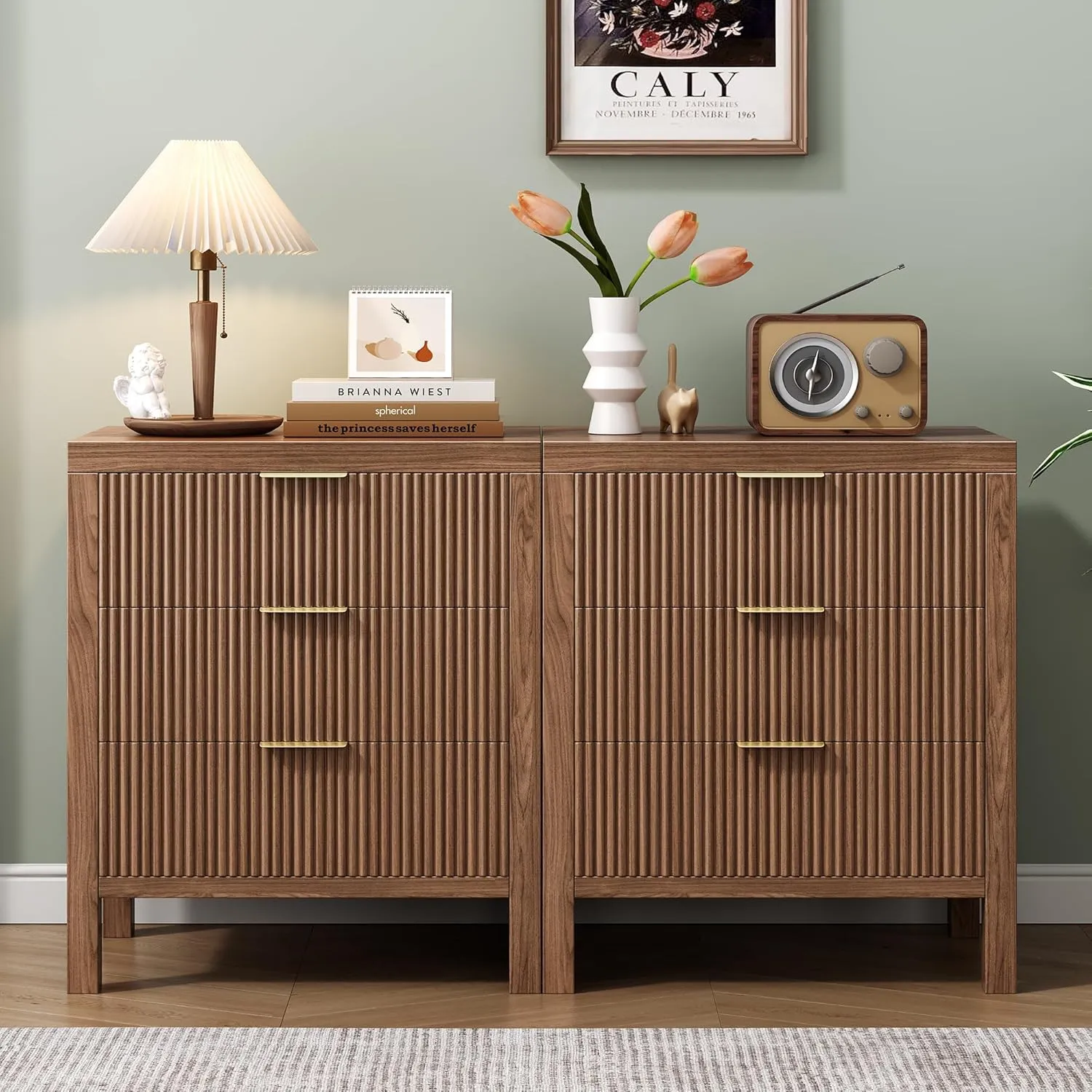 Nightstand with 6 Drawers, Dresser and Nightstand Sets, Bedside Tables, Mid Century Nightstands with 6 Wide Drawers for Bedroom, Kids’ Room, Hallway, （Walnut X 2pcs）