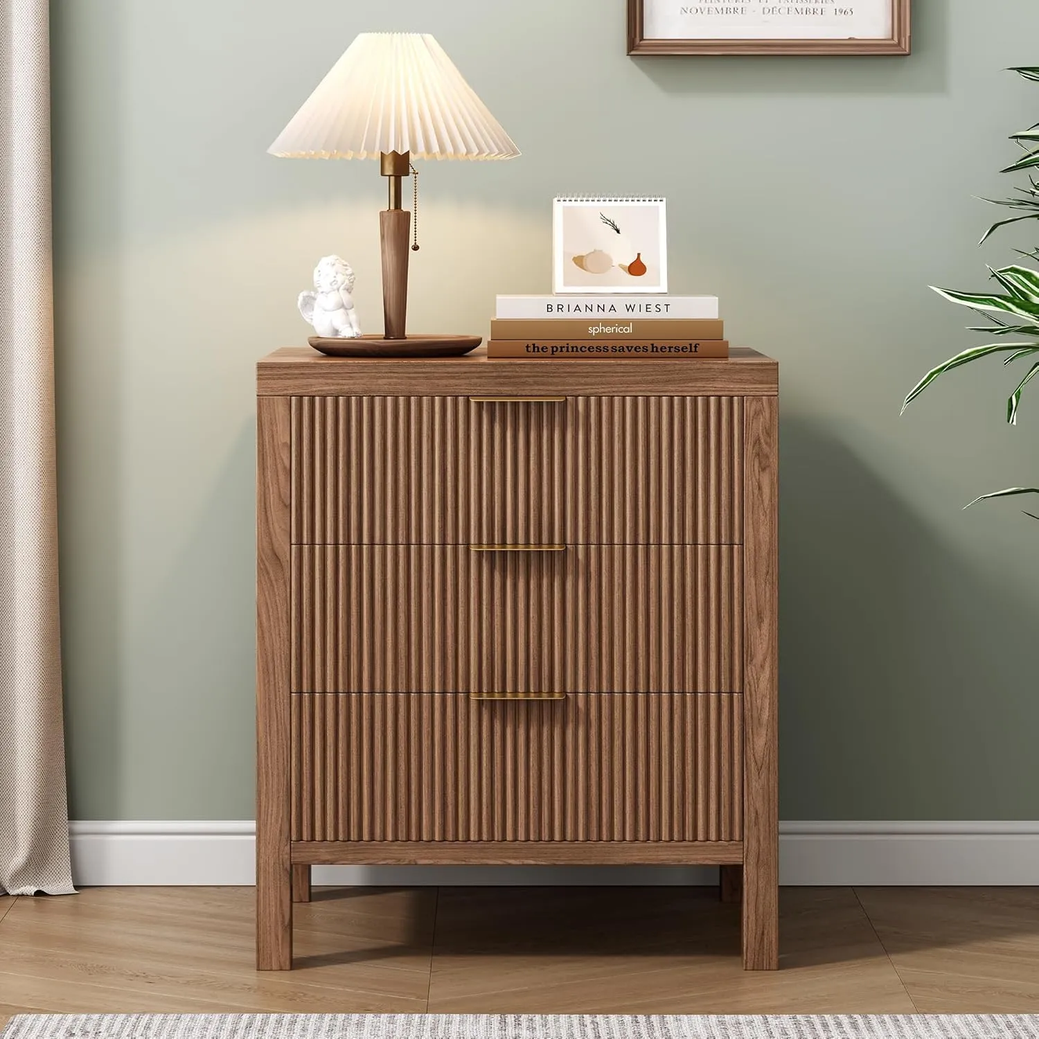 Nightstand with 6 Drawers, Dresser and Nightstand Sets, Bedside Tables, Mid Century Nightstands with 6 Wide Drawers for Bedroom, Kids’ Room, Hallway, （Walnut X 2pcs）
