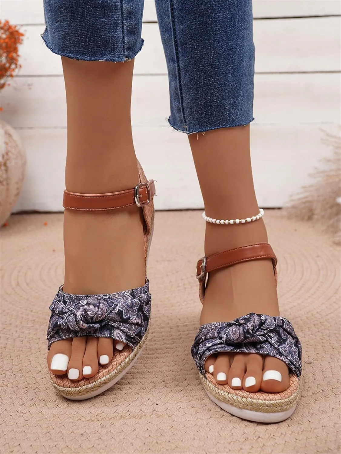 Orthopedic Sandals for Women,Walking Slippers with Arch Support Wedge Summer Dressy Beach Casual Slip on Dress Comfortable 2025 Open Toe Ankle Strap Platform Bowknot Hemp Rope Heels
