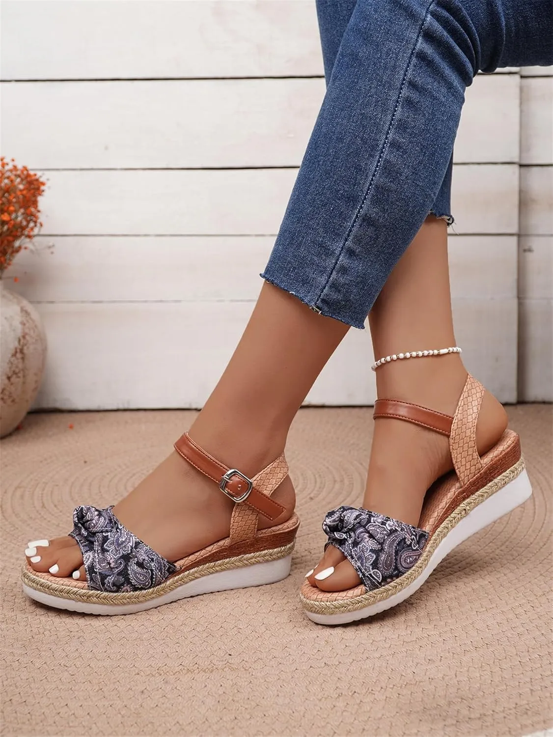 Orthopedic Sandals for Women,Walking Slippers with Arch Support Wedge Summer Dressy Beach Casual Slip on Dress Comfortable 2025 Open Toe Ankle Strap Platform Bowknot Hemp Rope Heels