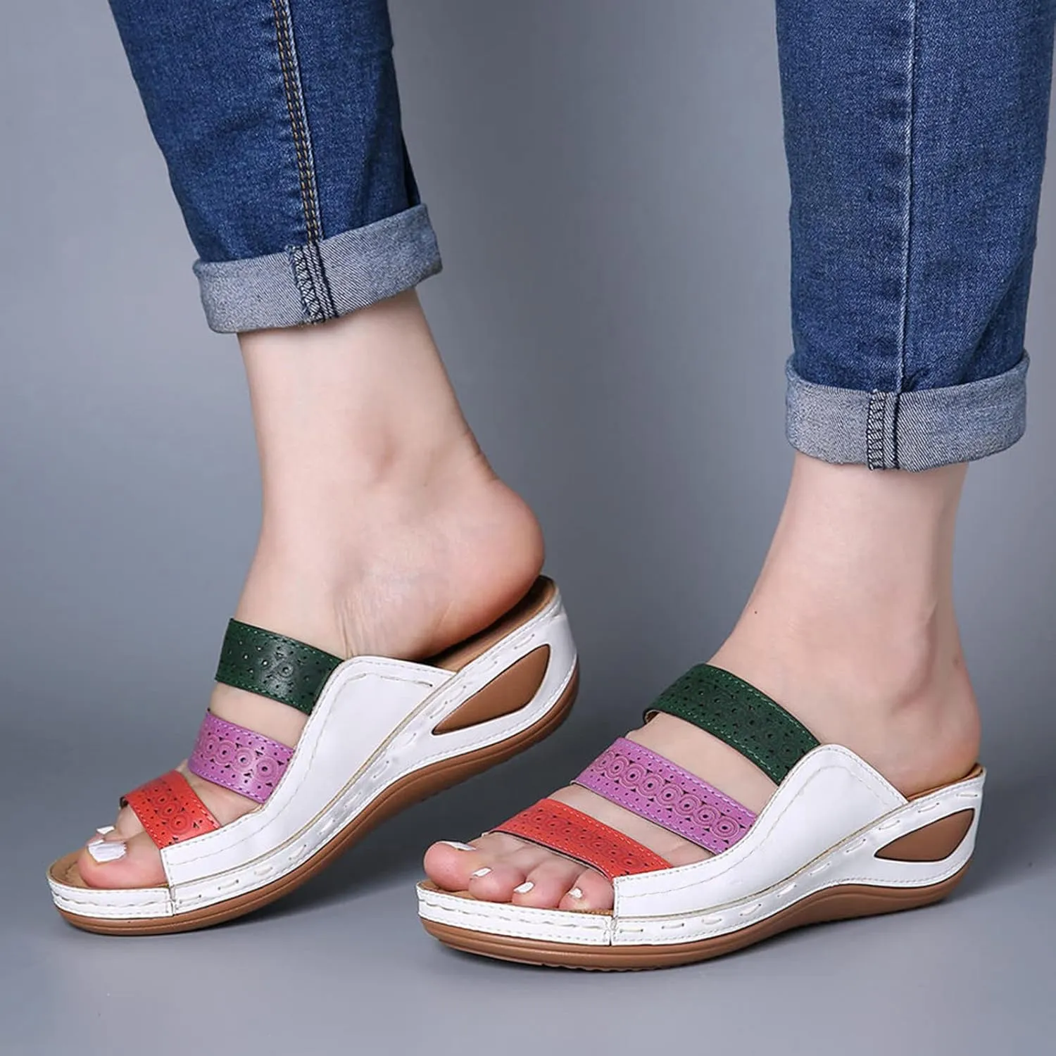 Orthotic Sandals for Women Wide Flip Flops Beach Non Slip Low Wedge Sandal Dressy Summer Heel Arch Support Shoes for Woman Wedge Shoes Slip On Wide Width Women’s Orthopedic Shoe