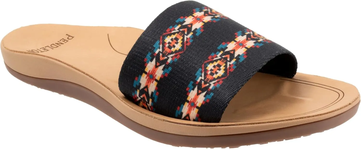 PENDLETON Women's Slide, Colorful Patterned Fabric and Leather Upper, Non-Slip Rubber Sole, Arch Support, 0.5" Heel