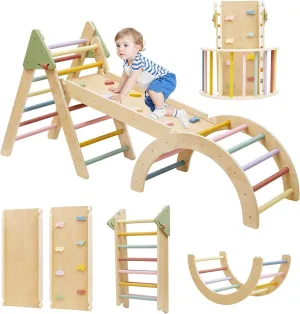 Pikler Triangle Set 7 in 1 Wooden Climbing Toys for Toddlers 1-3 Inside Baby Climbing Gym Montessori Foldable Climbing Set Baby Jungle Gym Indoor Philosophy Climber with Arch & Ramp & Ladder Climber