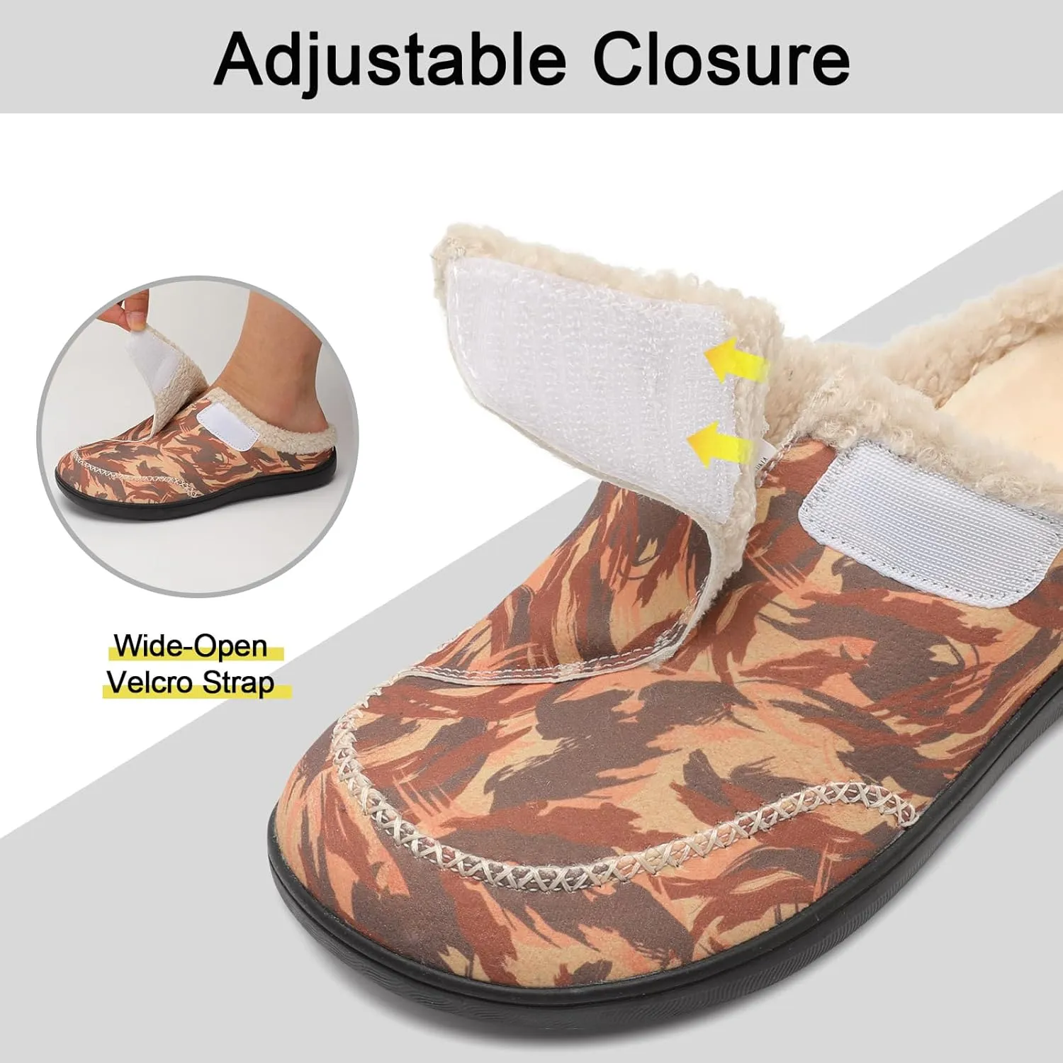 relxfeet Mens Slippers Adjustable Diabetic Shoes Wide Toe Box House Slippers Indoor Outdoor Slip On Warm Clogs for Swollen Feet