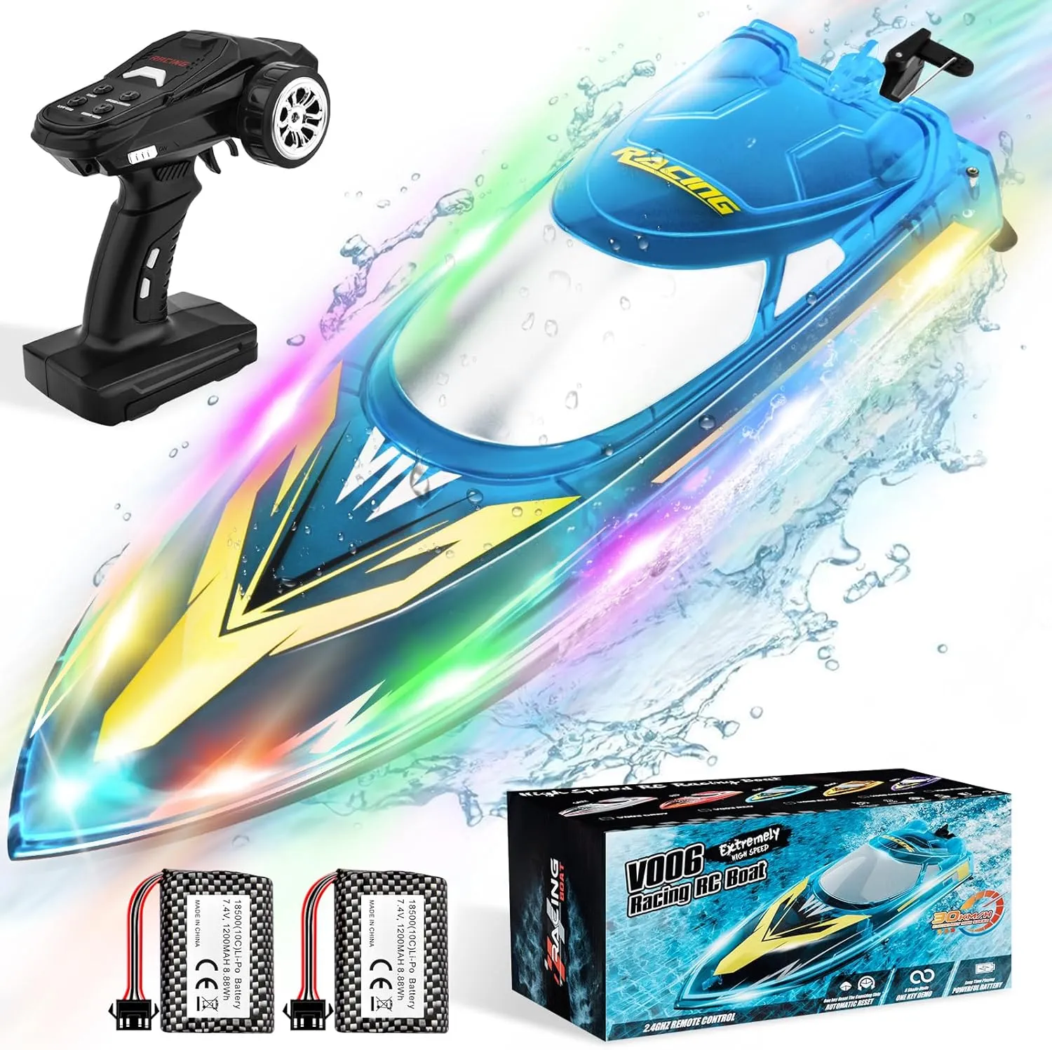 Remote Control Boat RC Boat for Adults Kids for Pool Lake with 2 Batteries 60Min 30  KPH Racing Boats 5 Cool LED Lights 3 Speeds Toys for Kids & Boys Ideal for Kids