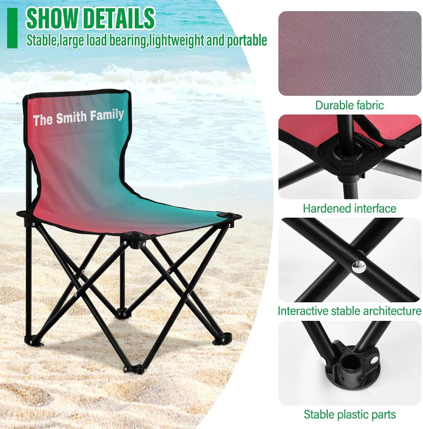Sinestour Pink Blue Gradient Custom Folding Camping Chair Personalized Portable Outdoor Chair with Carry Bag for Picnic Lawn Travel