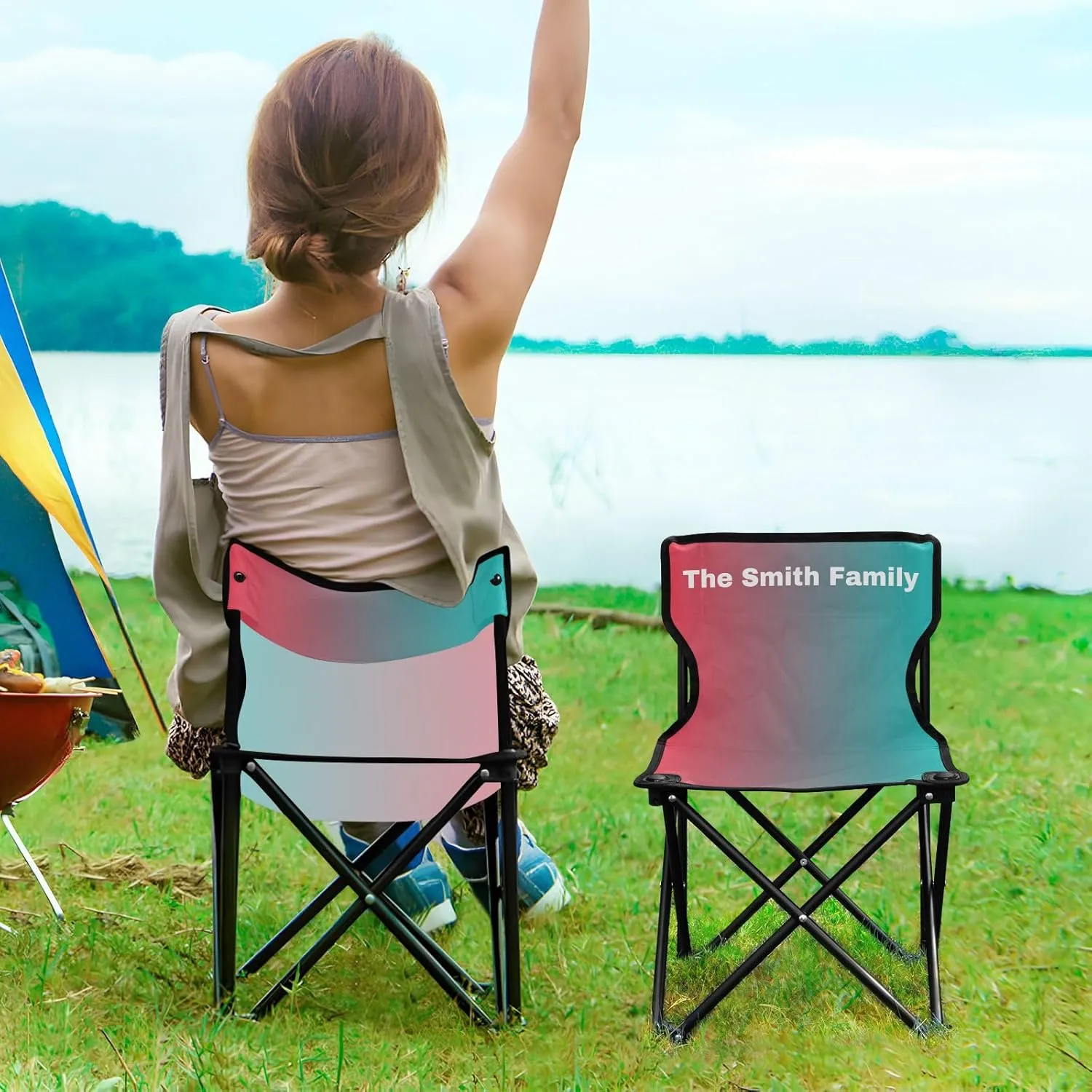 Sinestour Pink Blue Gradient Custom Folding Camping Chair Personalized Portable Outdoor Chair with Carry Bag for Picnic Lawn Travel