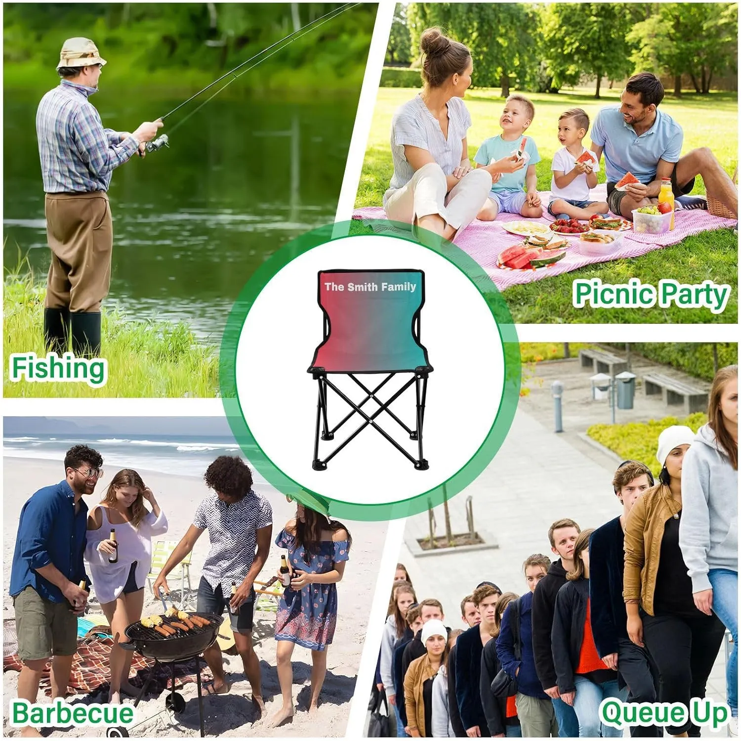 Sinestour Pink Blue Gradient Custom Folding Camping Chair Personalized Portable Outdoor Chair with Carry Bag for Picnic Lawn Travel