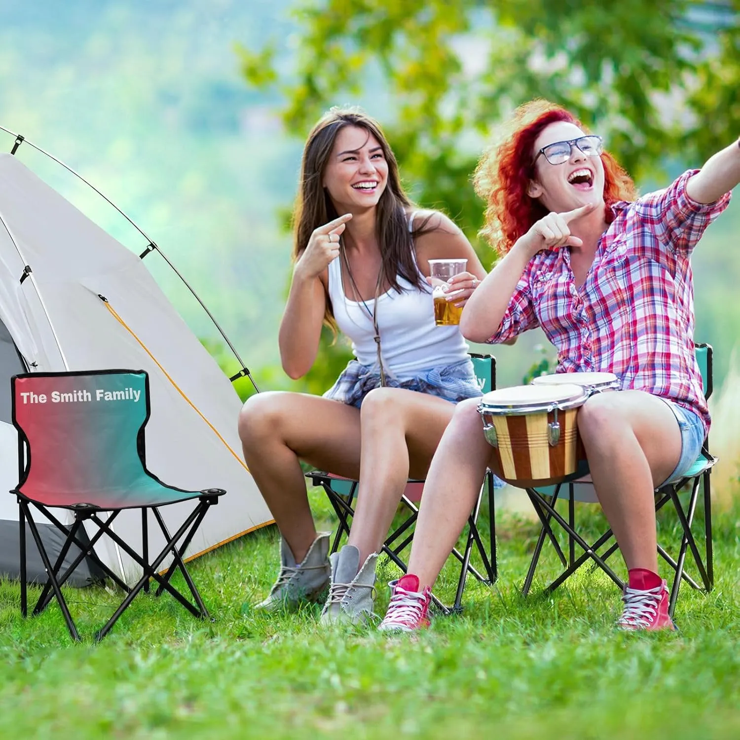 Sinestour Pink Blue Gradient Custom Folding Camping Chair Personalized Portable Outdoor Chair with Carry Bag for Picnic Lawn Travel