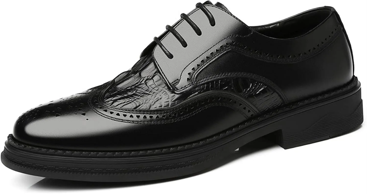 Single Season Dress Oxford Formal Shoes for Men Lace Up Derby Shoes Brogue Embossed Wing Tip Crocodile Embossed Leather Anti-Slip Slip Resistant Rubber Sole Very Popular Among Young peopl