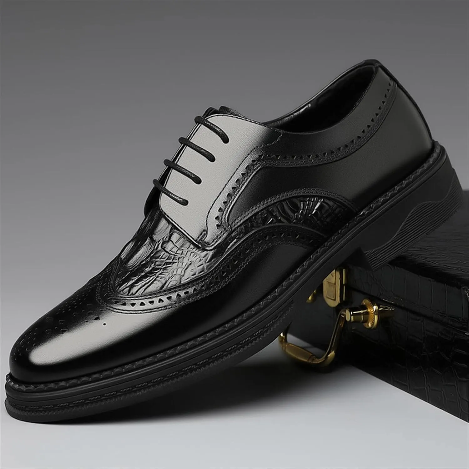 Single Season Dress Oxford Formal Shoes for Men Lace Up Derby Shoes Brogue Embossed Wing Tip Crocodile Embossed Leather Anti-Slip Slip Resistant Rubber Sole Very Popular Among Young peopl