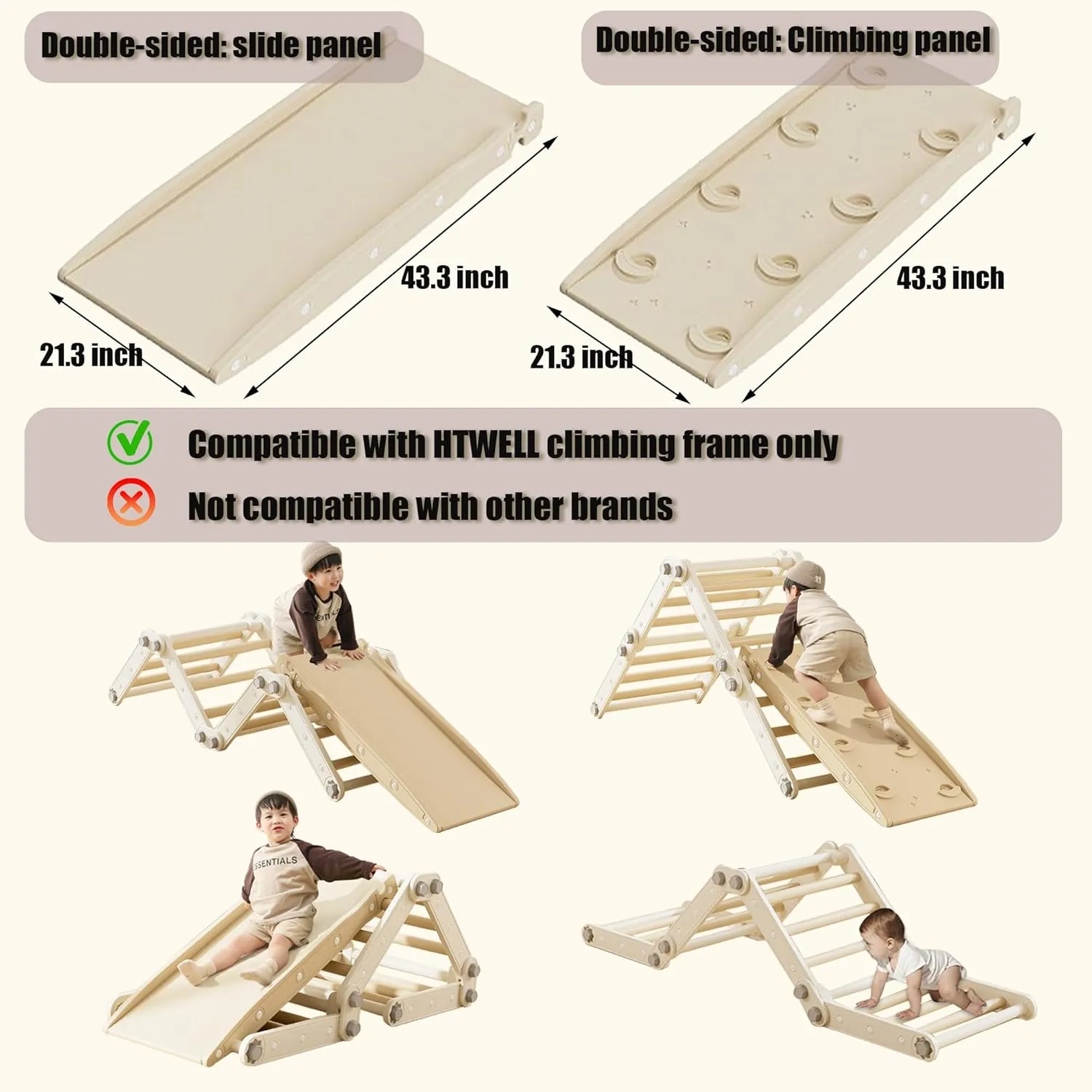 Slide Compatible with HTWELL Toddler Climbing Toys,Plastic Kids Pikler Triangle Set,Multifunction Foldable Indoor Kids Gym(Gray)