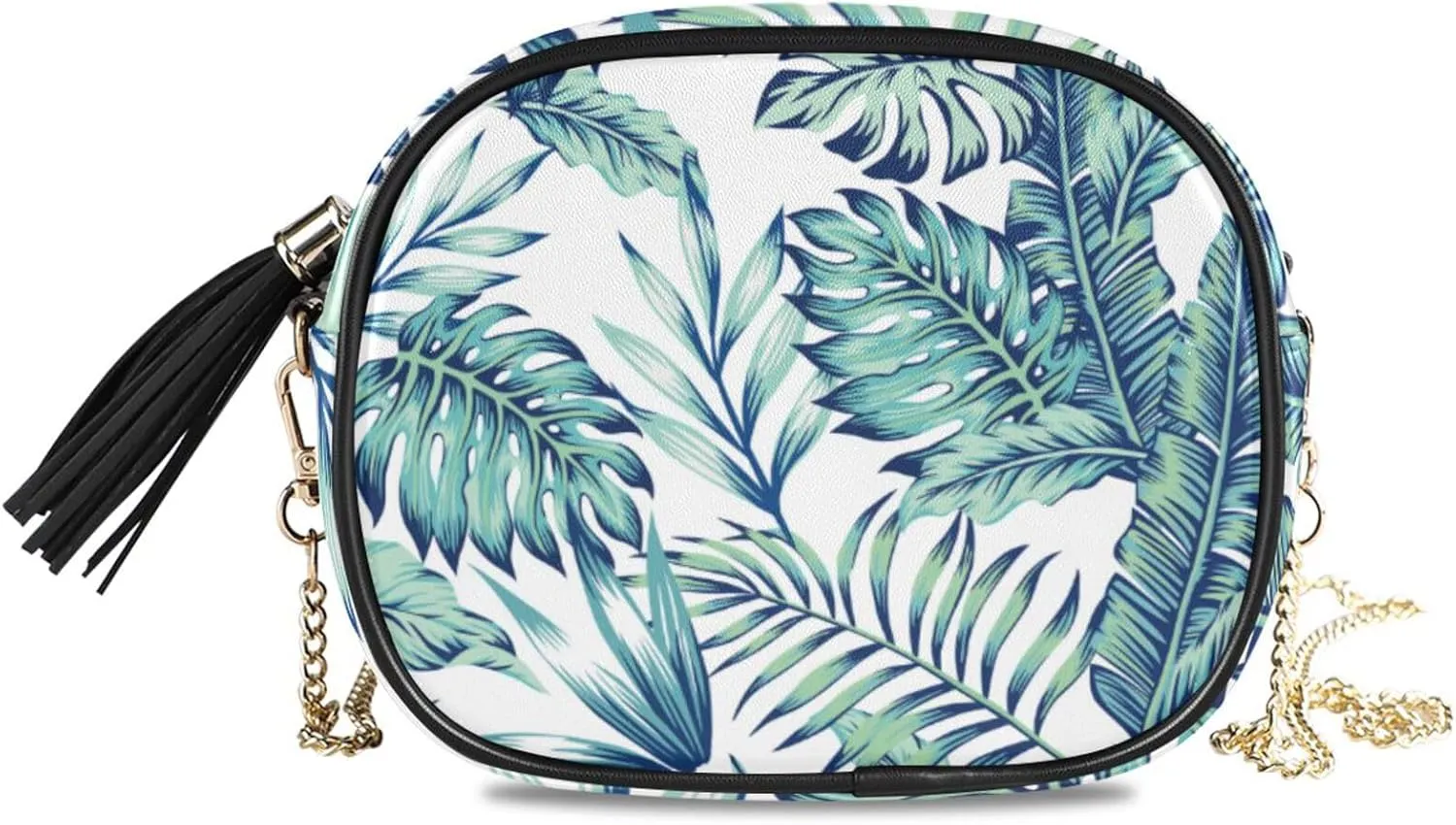 Small Crossbody Bag Exotic Blue Jungle Palm Leaves Womens Shoulder Chain Bag PU Leather Small Purse With Tassel