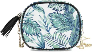 Small Crossbody Bag Exotic Blue Jungle Palm Leaves Womens Shoulder Chain Bag PU Leather Small Purse With Tassel