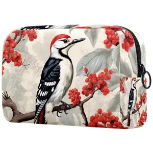 Small Makeup Bag Pouch for Purse, Travel Cosmetic Bag, Portable Toiletry Bag for Women Girls Gifts - Woodpecker Bird on Red Berries Branch
