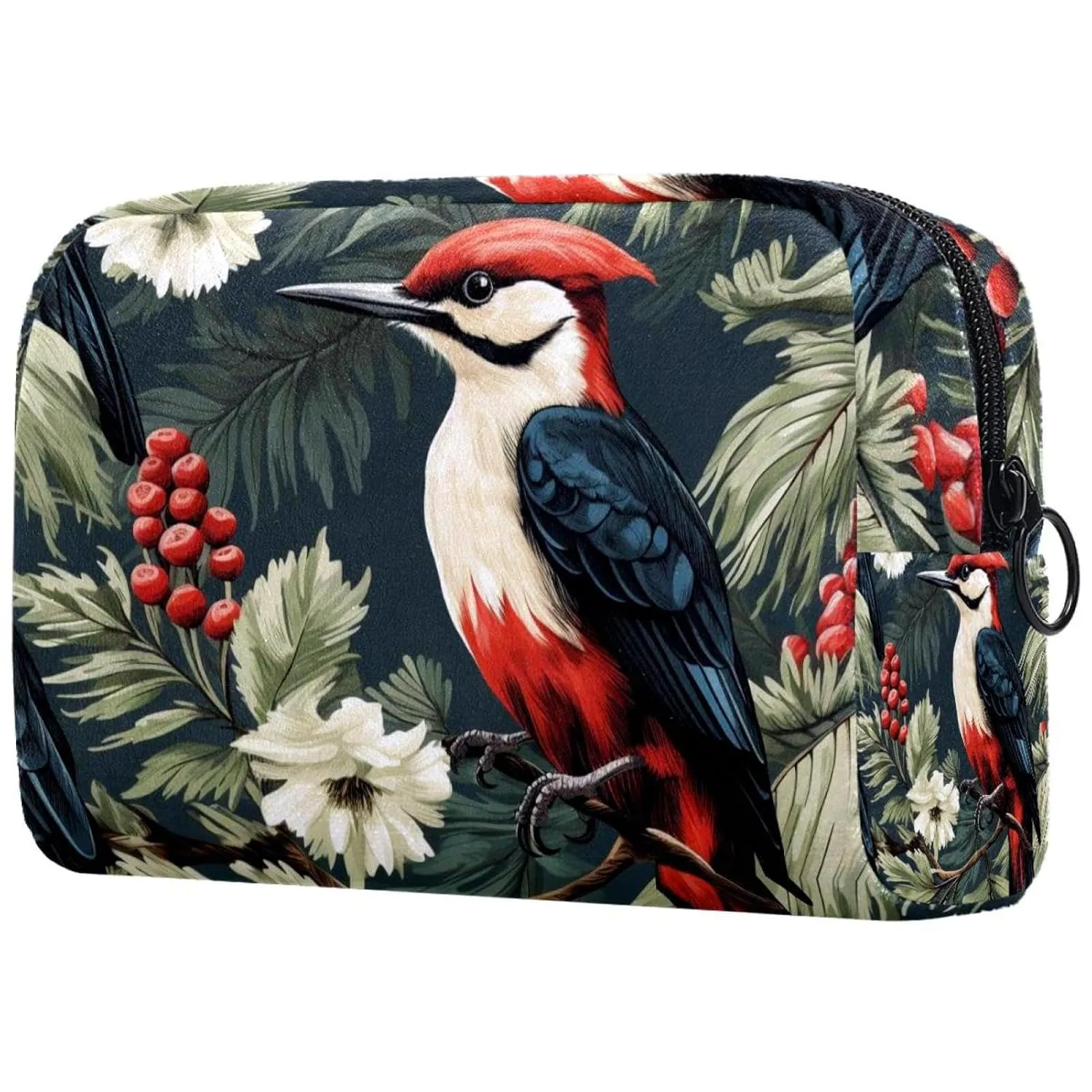 Small Makeup Bag Pouch for Purse, Travel Cosmetic Bag, Portable Toiletry Bag for Women Girls Gifts - Woodpecker Bird on Red Berries Branch