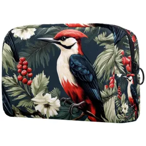 Small Makeup Bag Pouch for Purse, Travel Cosmetic Bag, Portable Toiletry Bag for Women Girls Gifts - Woodpecker Bird on Red Berries Branch