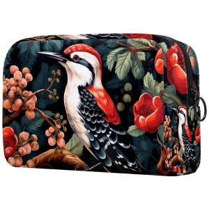 Small Makeup Bag Pouch for Purse, Travel Cosmetic Bag, Portable Toiletry Bag for Women Girls Gifts - Woodpecker Bird on Red Berries Branch