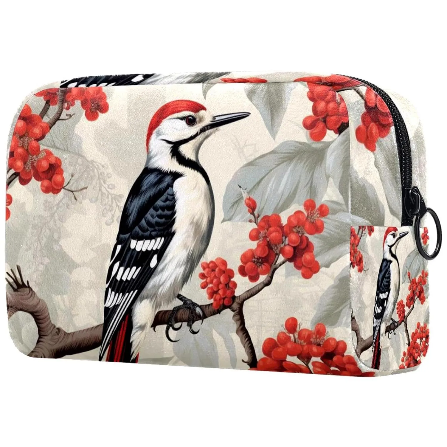 Small Makeup Bag Pouch for Purse, Travel Cosmetic Bag, Portable Toiletry Bag for Women Girls Gifts - Woodpecker Bird on Red Berries Branch