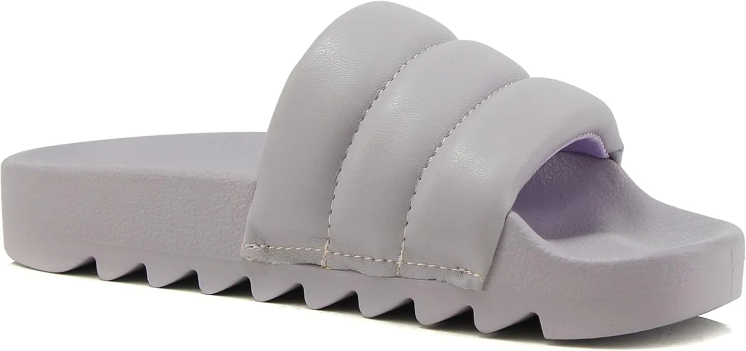 Soda BETWEEN ~ Women Flat Open Toe Single Plush Wide Strap With Fashion Footbed Slide Sandal