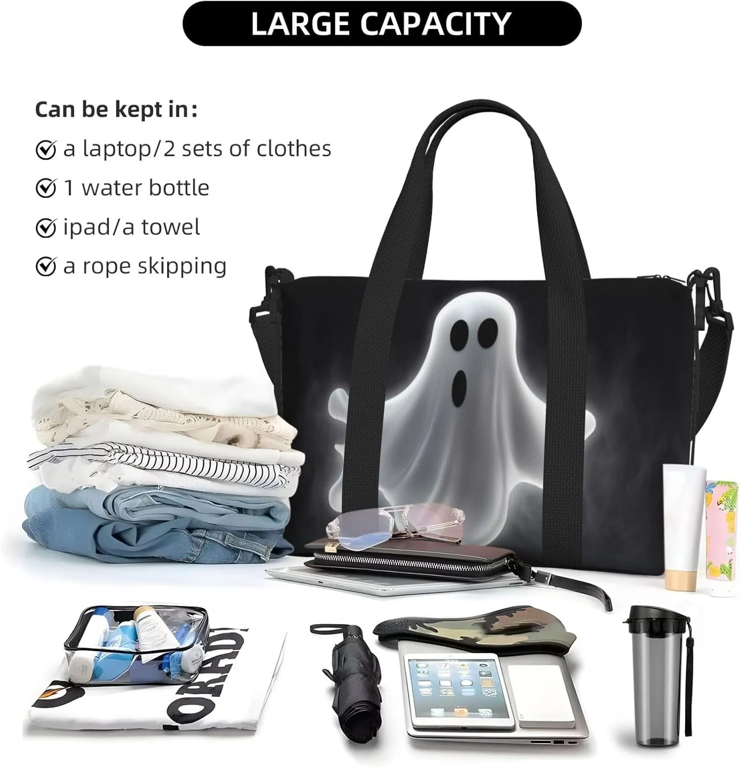 Sports Gym Bag for Women Men Travel Duffel Bag Tote Black and Halloween Ghost Weekender Bag Canvas Carry on Overnight Bag for Travel Swimming Fitness Workout Sports Duffle Bag
