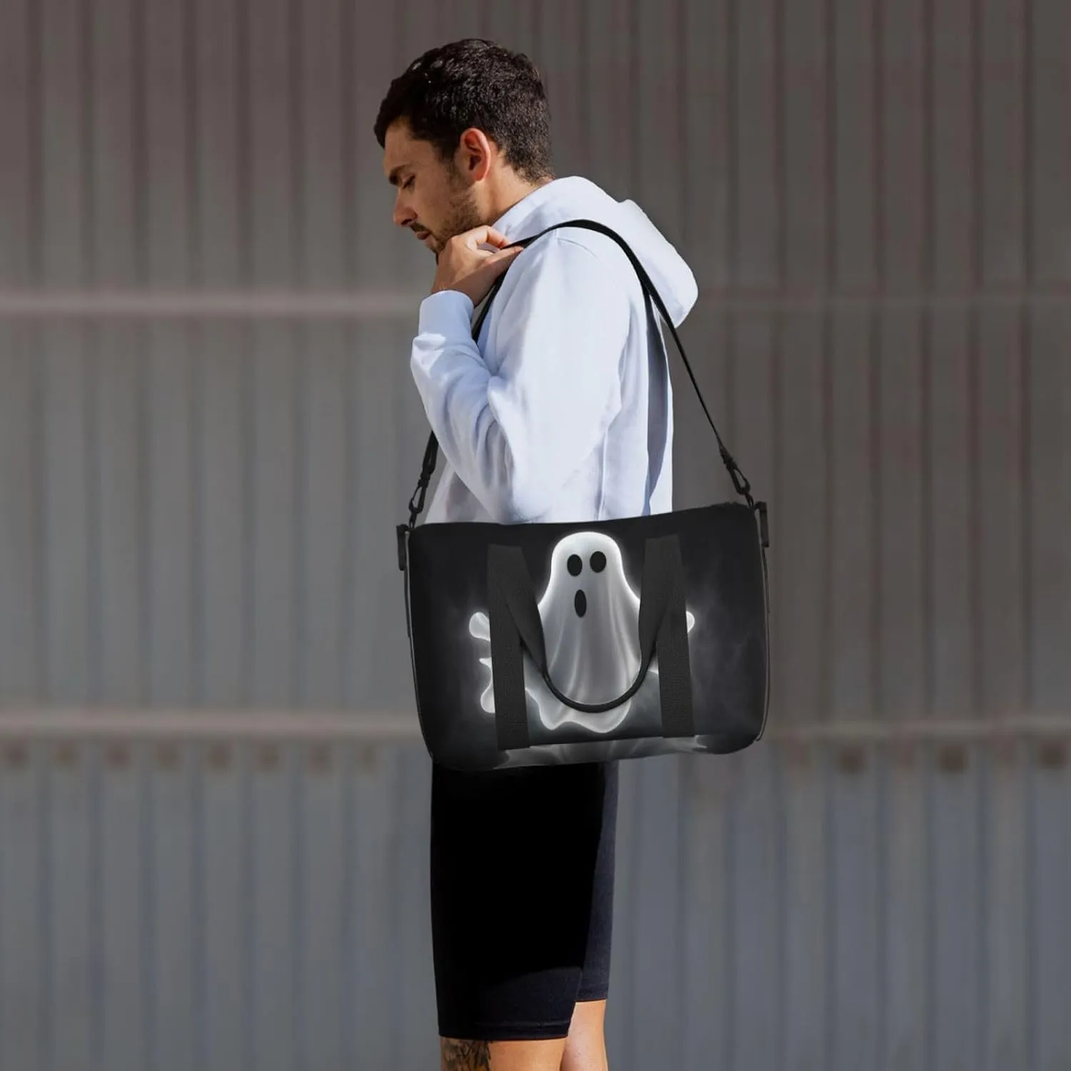 Sports Gym Bag for Women Men Travel Duffel Bag Tote Black and Halloween Ghost Weekender Bag Canvas Carry on Overnight Bag for Travel Swimming Fitness Workout Sports Duffle Bag
