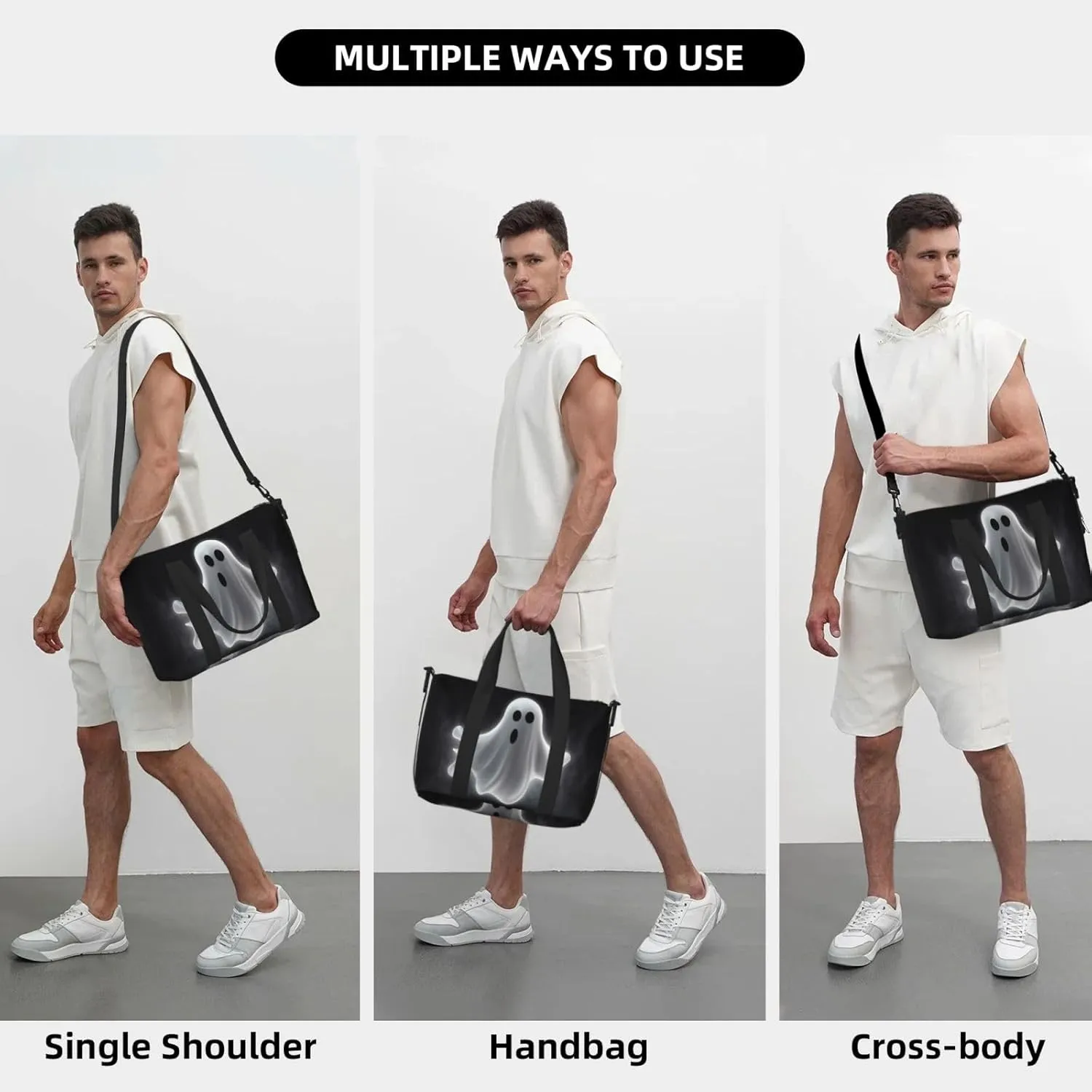 Sports Gym Bag for Women Men Travel Duffel Bag Tote Black and Halloween Ghost Weekender Bag Canvas Carry on Overnight Bag for Travel Swimming Fitness Workout Sports Duffle Bag