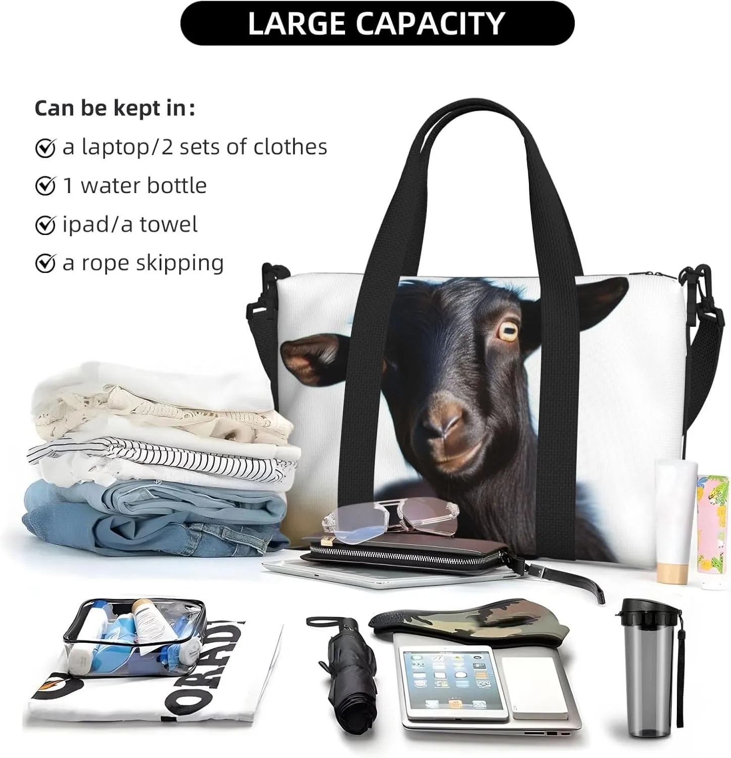Sports Gym Bag for Women Men Travel Duffel Bag Tote Cute Black Goat Animal Weekender Bag Canvas Carry on Overnight Bag for Travel Swimming Fitness Workout Sports Duffle Bag