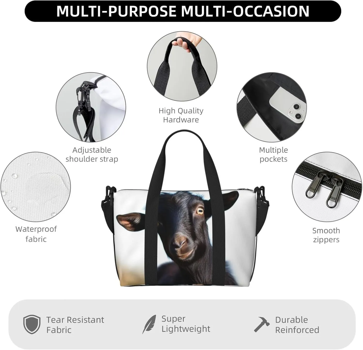 Sports Gym Bag for Women Men Travel Duffel Bag Tote Cute Black Goat Animal Weekender Bag Canvas Carry on Overnight Bag for Travel Swimming Fitness Workout Sports Duffle Bag