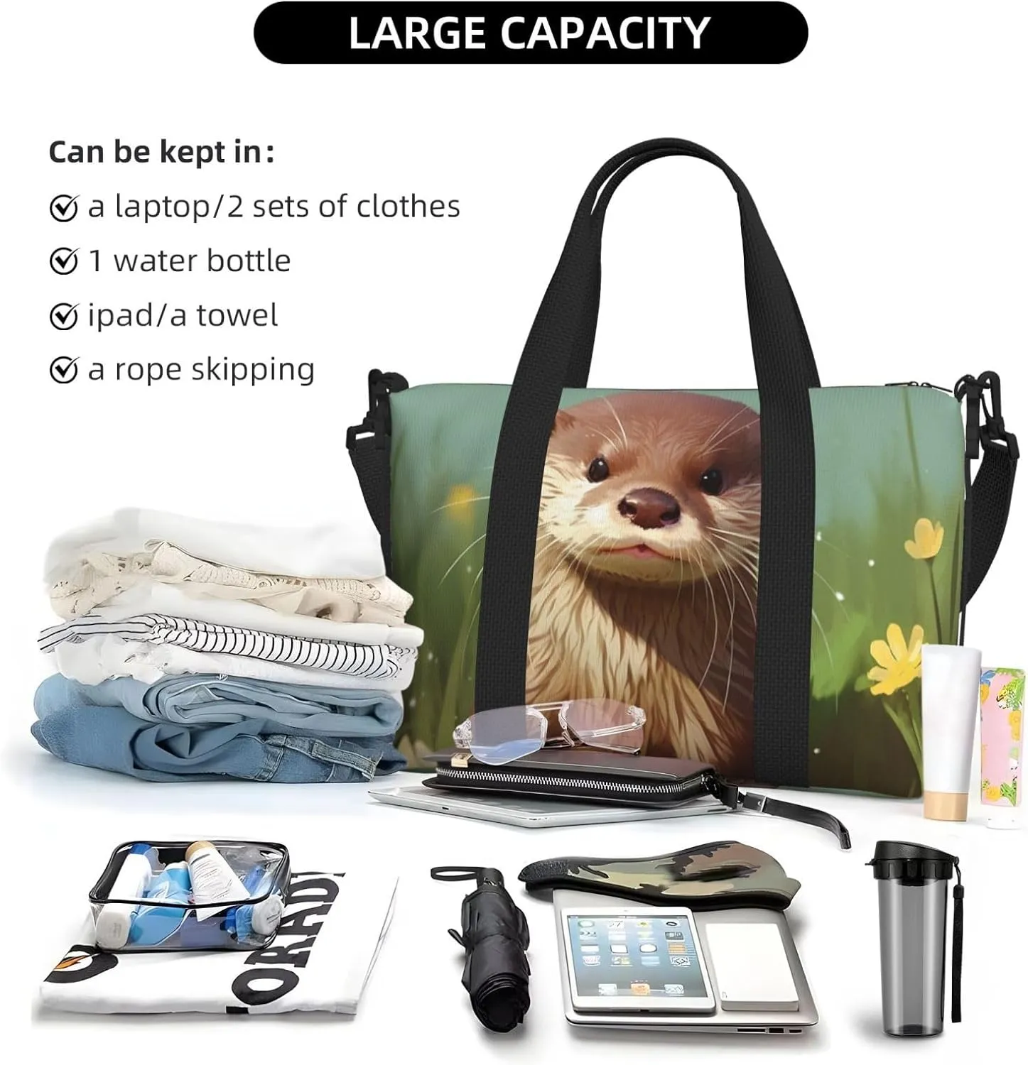Sports Gym Bag for Women Men Travel Duffel Bag Tote Cute otter Weekender Bag Canvas Carry on Overnight Bag for Travel Swimming Fitness Workout Sports Duffle Bag