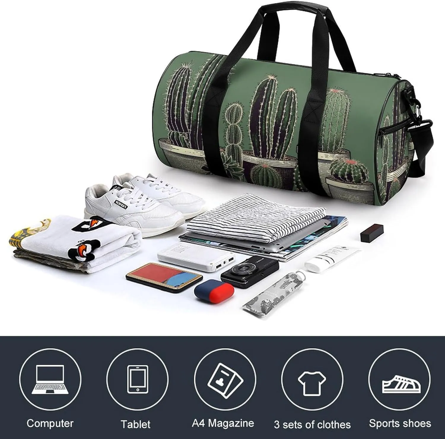 Sports Gym Bag for Women Men Travel Duffel Bag Tote Weekender Bag Green Cactus Carry on Overnight Bag for Travel Swimming Fitness Workout Sports Duffle Bag