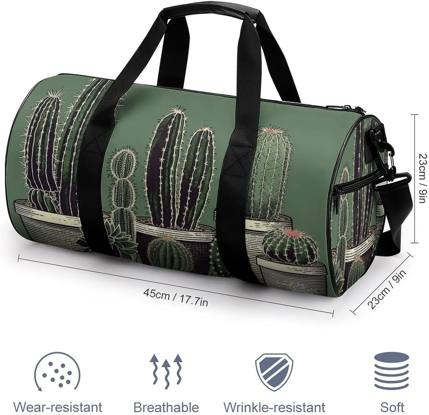 Sports Gym Bag for Women Men Travel Duffel Bag Tote Weekender Bag Green Cactus Carry on Overnight Bag for Travel Swimming Fitness Workout Sports Duffle Bag