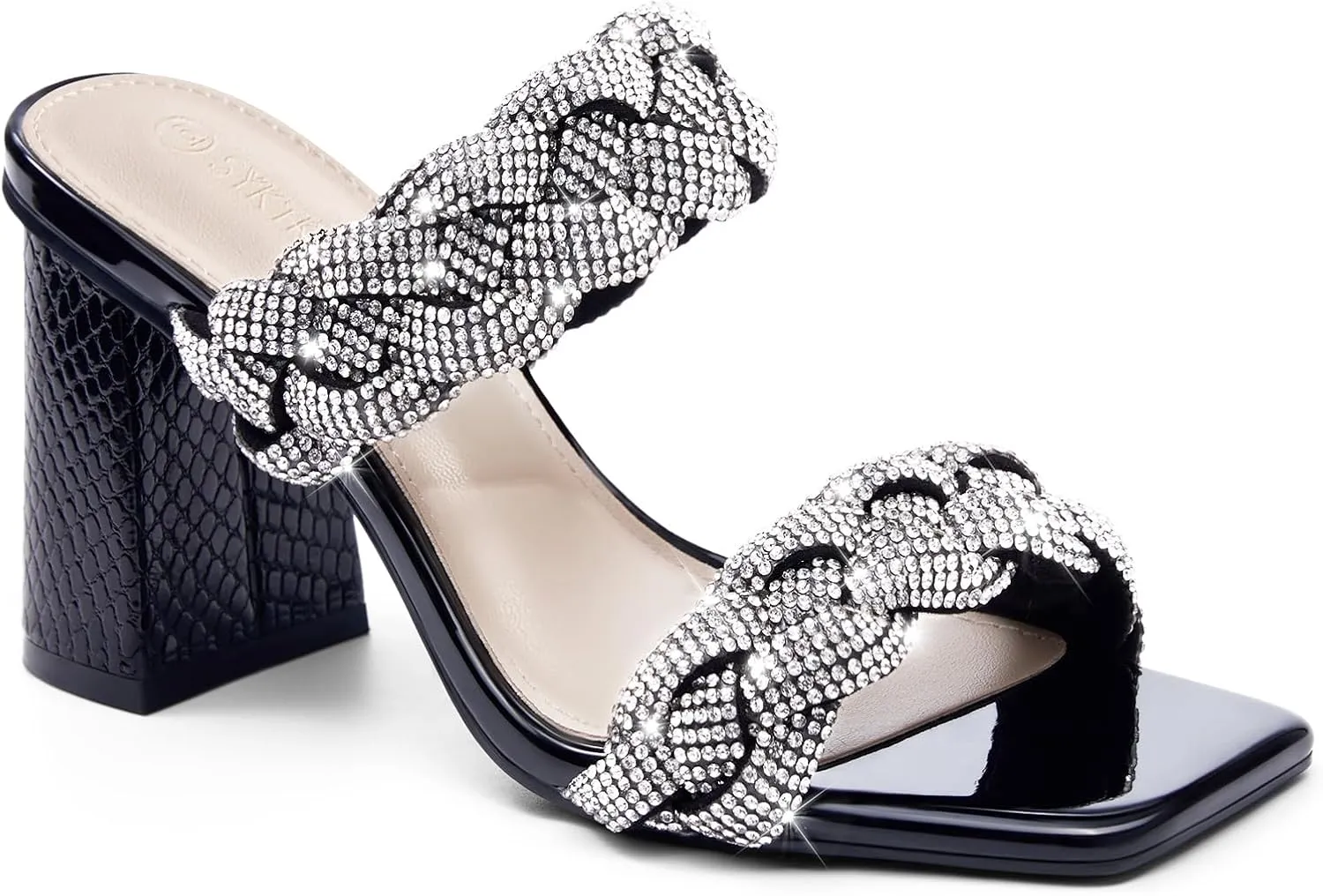 Syktkmx Women's Braided Heeled Sandals Backless Square Open Toe Block Slide Sandals