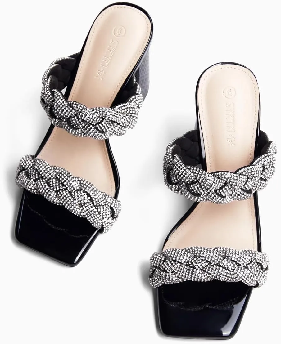 Syktkmx Women's Braided Heeled Sandals Backless Square Open Toe Block Slide Sandals