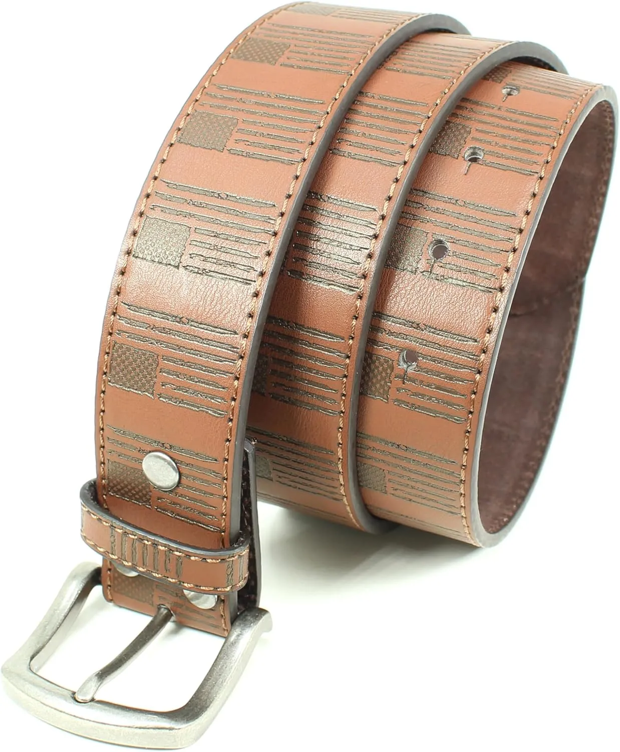 USA Flag Leather Belt Strap Metal Buckle 1.5" Wide with Snaps - American Patriotic Stars Stripes Spartan