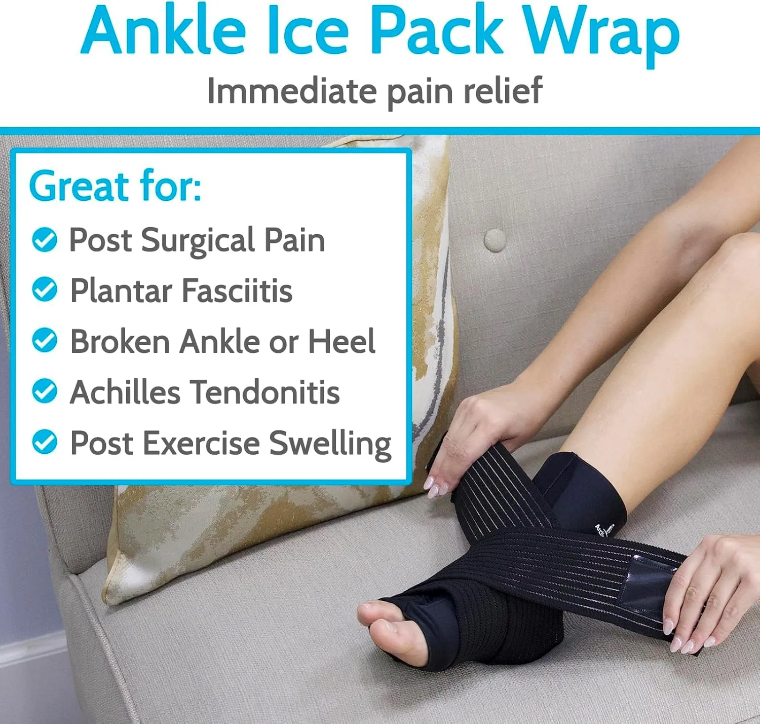 Vive Arctic Flex Ankle Ice Pack Wrap for Swelling - Adjustable Hot, Cold Gel Compression for Foot & Heel Injuries Reusable, Pain Relief - Reusable Cooling Therapy
