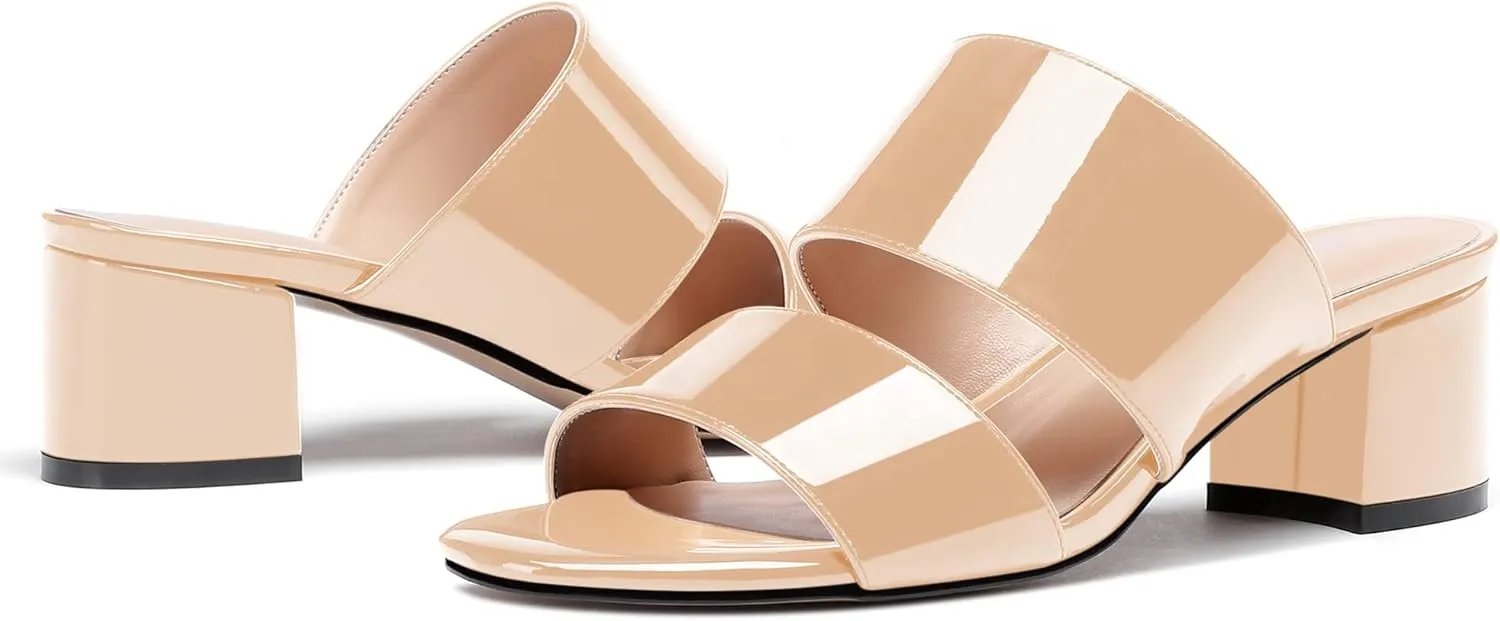 WAYDERNS Women's Slip On Open Toe Patent Chunky Low Heel Slides Two Piece Sandals 2 Inch