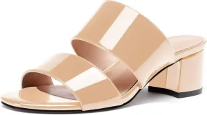 WAYDERNS Women's Slip On Open Toe Patent Chunky Low Heel Slides Two Piece Sandals 2 Inch
