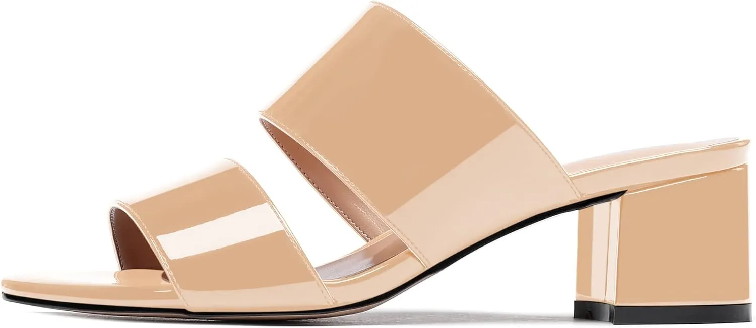 WAYDERNS Women's Slip On Open Toe Patent Chunky Low Heel Slides Two Piece Sandals 2 Inch