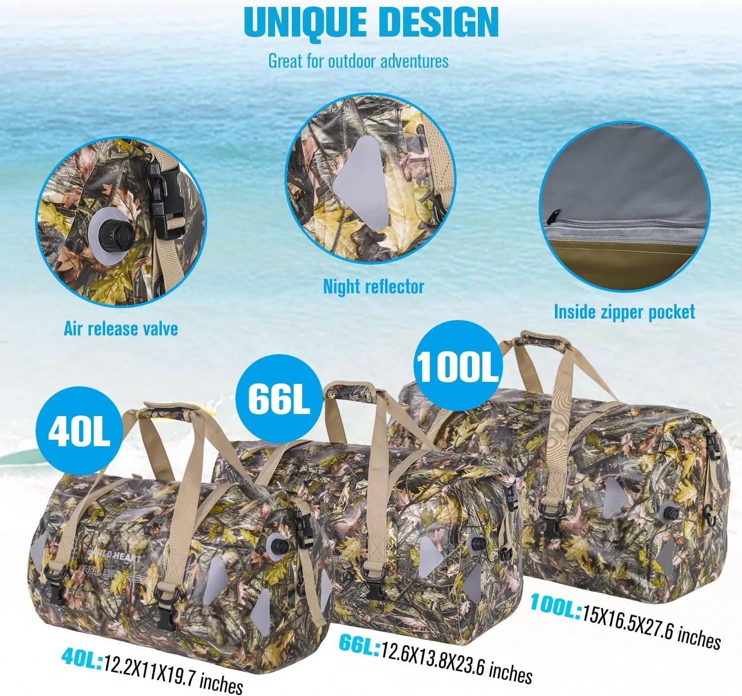 WILD HEART Waterproof Motorcycle Duffel Bag PVC500D Double-bottom With Rope Straps and Inner Pocket 40L 66L 100L for Kayaking, Camping, Boating,Motorcycle