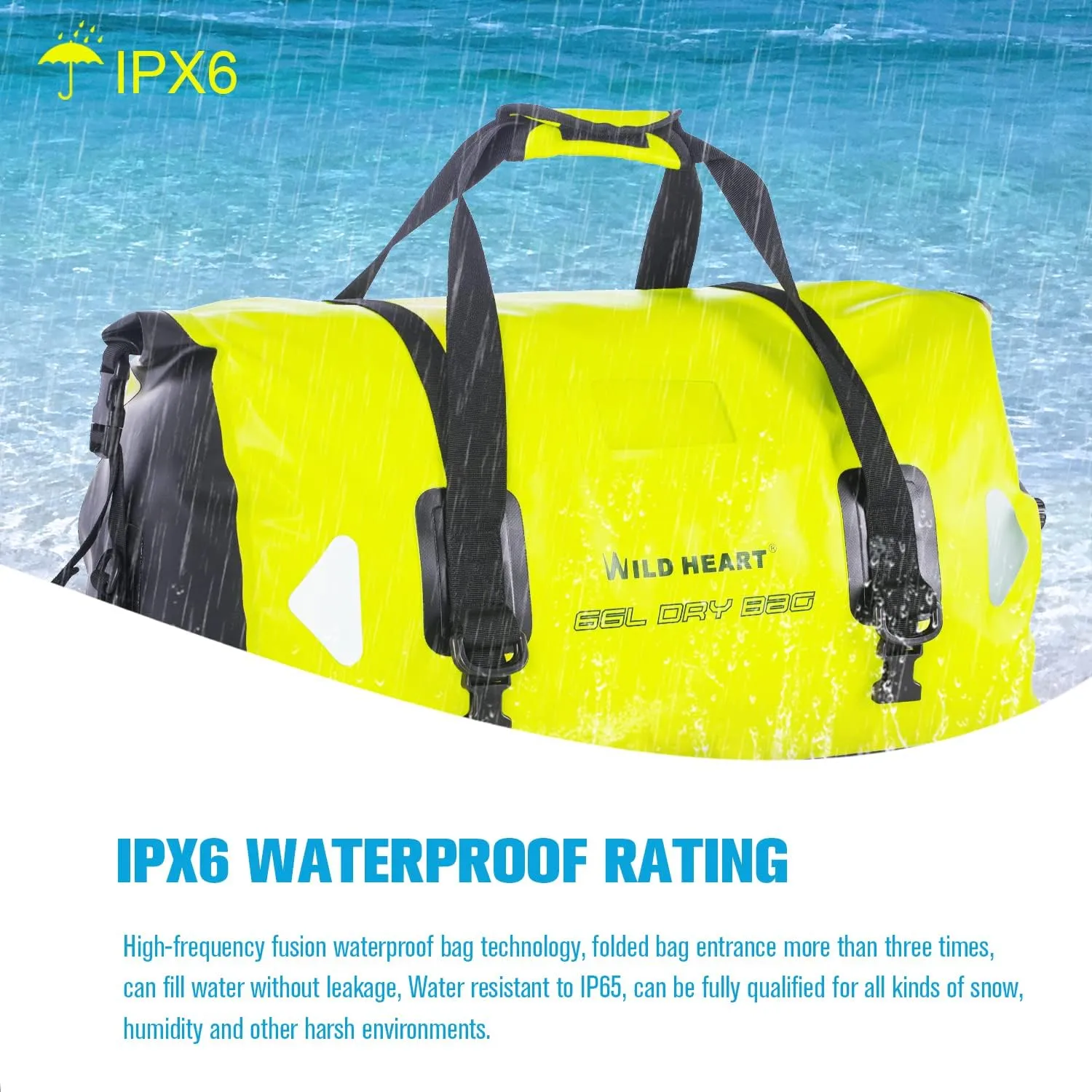WILD HEART Waterproof Motorcycle Duffel Bag PVC500D Double-bottom With Rope Straps and Inner Pocket 40L 66L 100L for Kayaking, Camping, Boating,Motorcycle