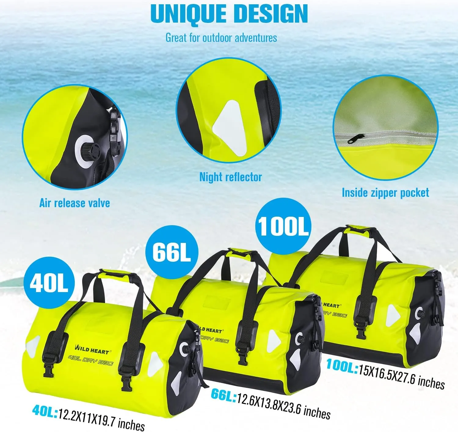 WILD HEART Waterproof Motorcycle Duffel Bag PVC500D Double-bottom With Rope Straps and Inner Pocket 40L 66L 100L for Kayaking, Camping, Boating,Motorcycle