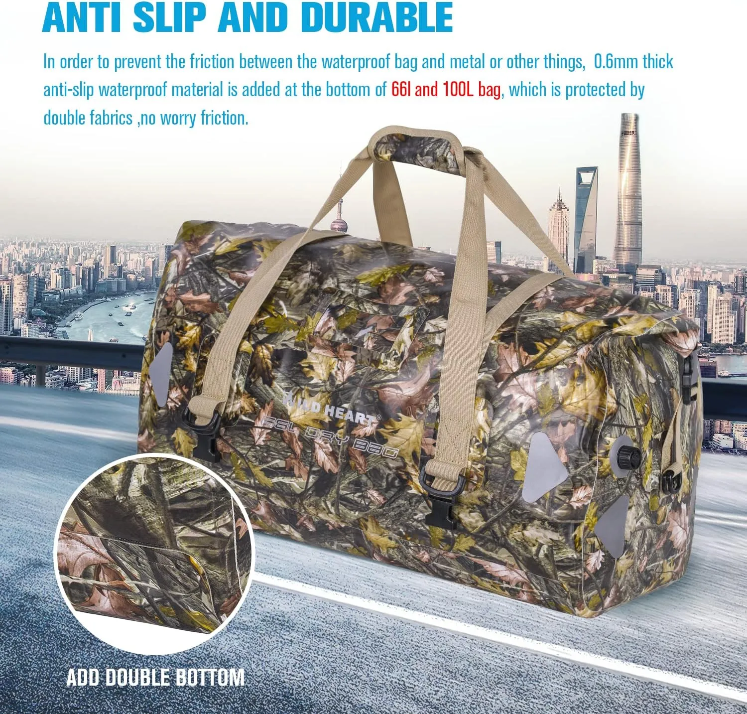 WILD HEART Waterproof Motorcycle Duffel Bag PVC500D Double-bottom With Rope Straps and Inner Pocket 40L 66L 100L for Kayaking, Camping, Boating,Motorcycle