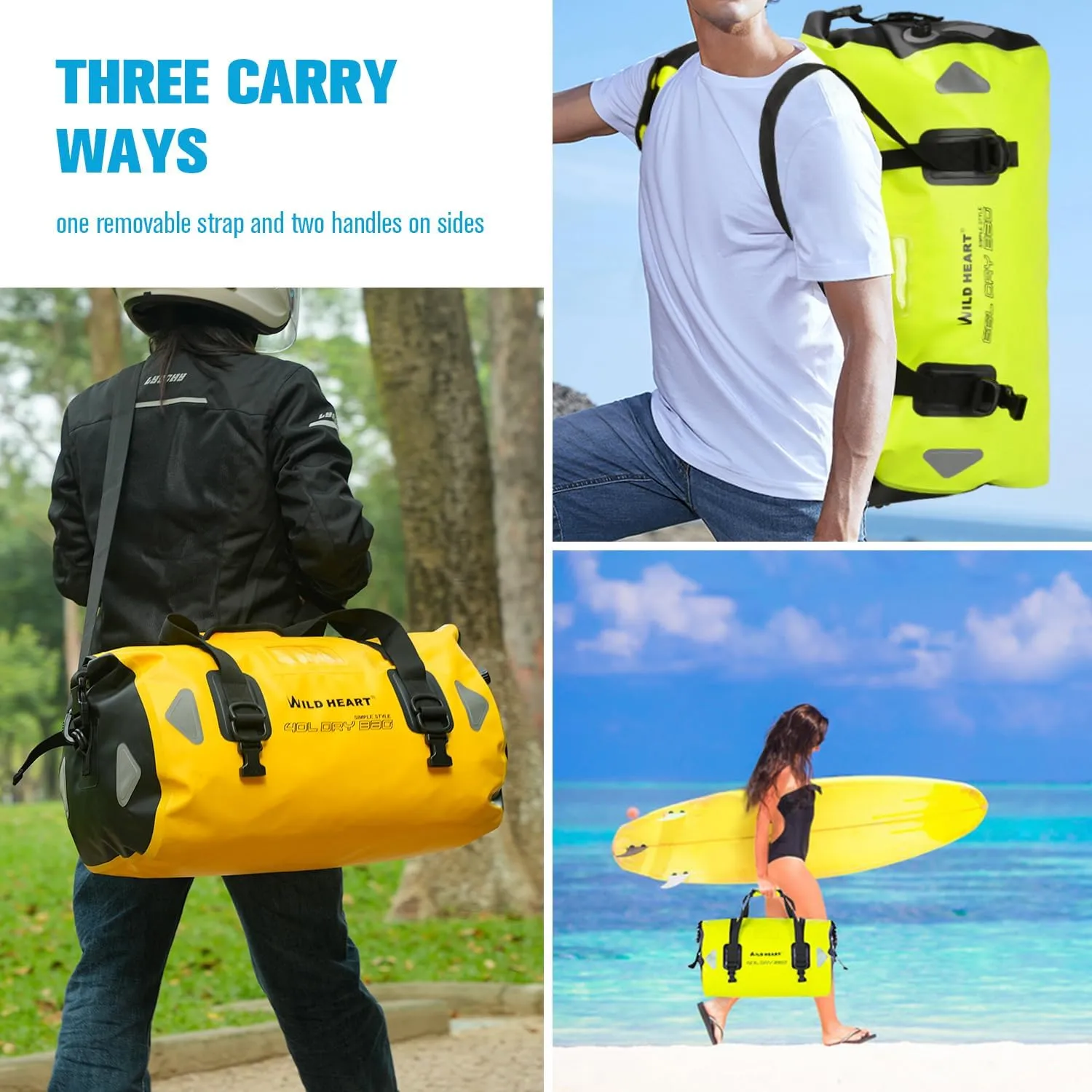 WILD HEART Waterproof Motorcycle Duffel Bag PVC500D Double-bottom With Rope Straps and Inner Pocket 40L 66L 100L for Kayaking, Camping, Boating,Motorcycle